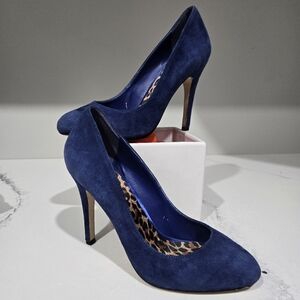 Aldo Mobwife Royal Ecletic Grandpa Blue Suede Upper Cushioned Leopard Heel Pumps